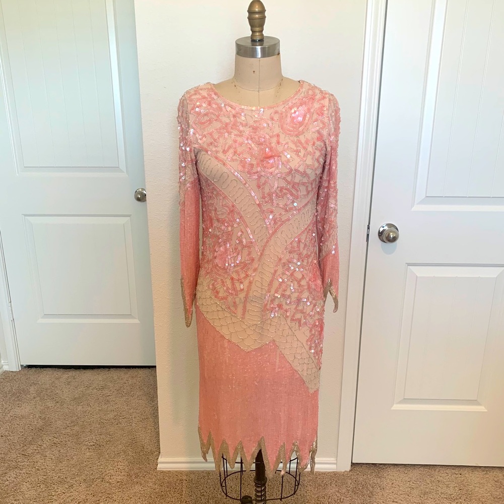 Pink Mid length dress beaded with sleeves